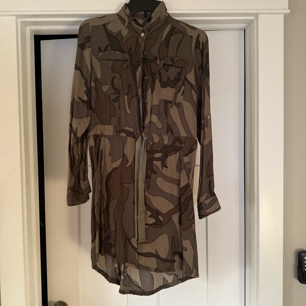 Camo Long Sleeve Dress with Classic Collar & Draw String Belt